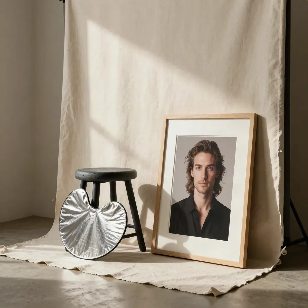 Portrétní studio po focení: backdrop, stolička, reflektor a zarámovaný tisk v teplém světle.