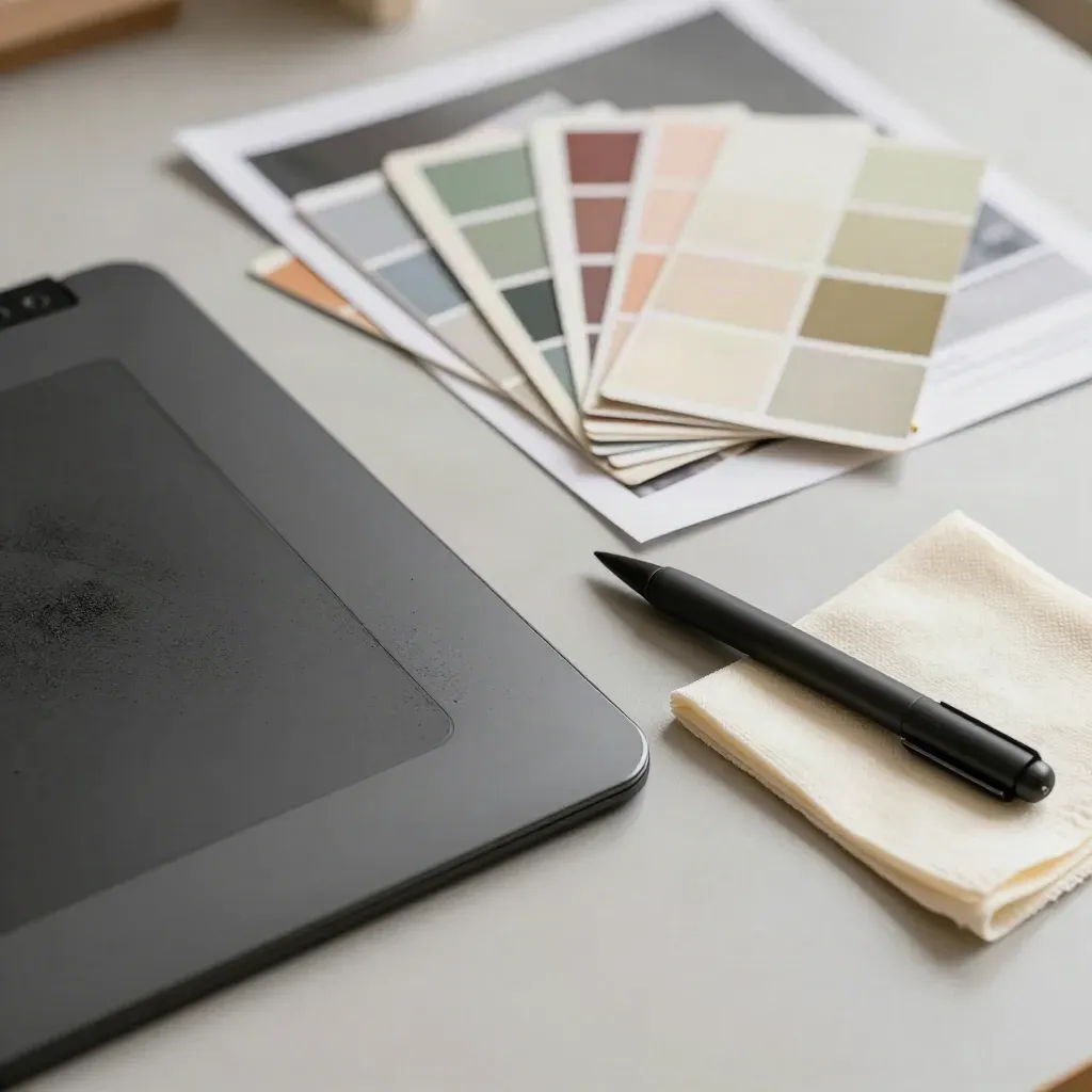 Retušérské nástroje na světlém stole: tablet, stylus, vzorník barev, nátisky a hadřík.