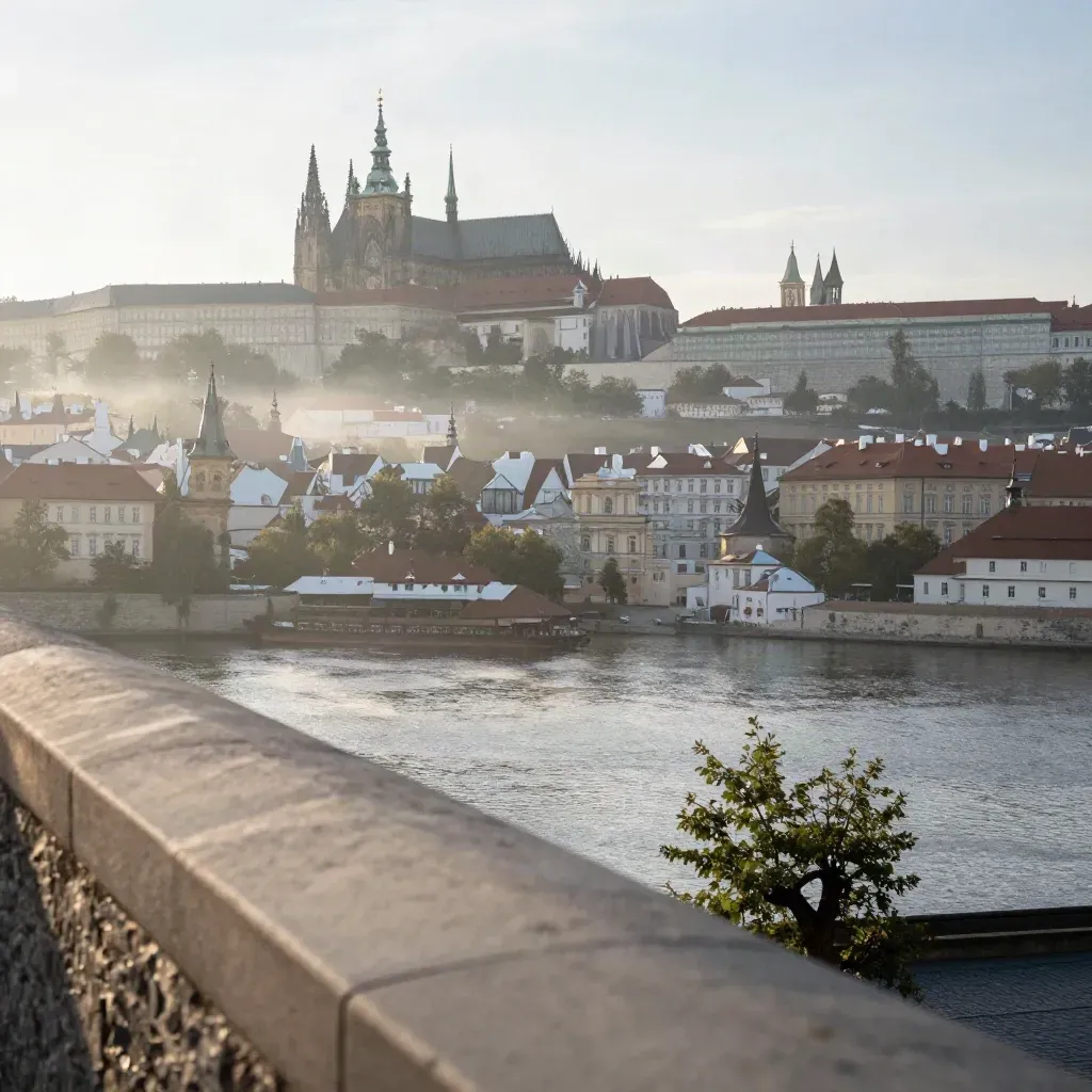 Pražský hrad a Vltava v ranní mlze z terasy nad řekou, s měkkým světlem na věžích.