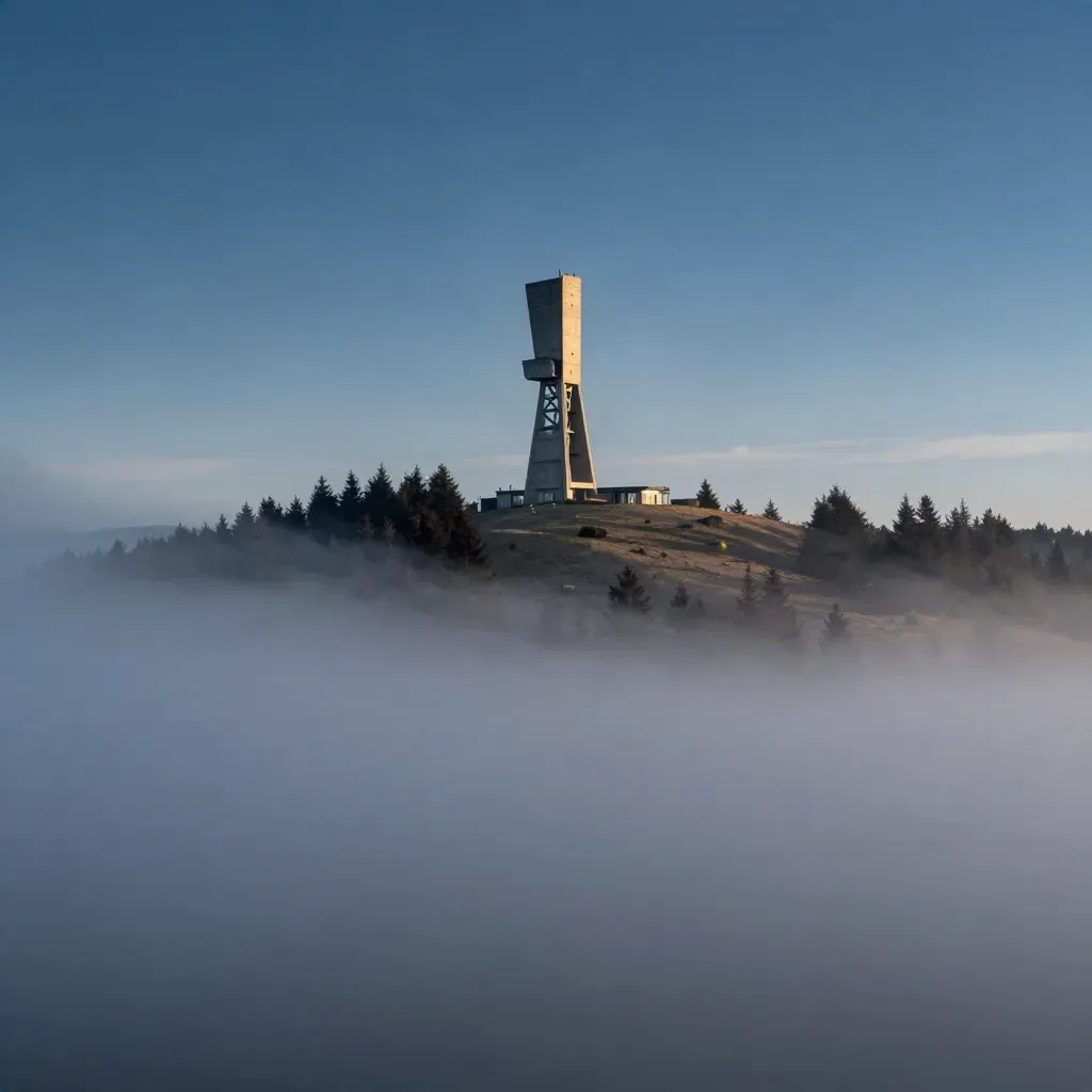 Ještěd nad mořem mlhy v severních Čechách při modré hodině.