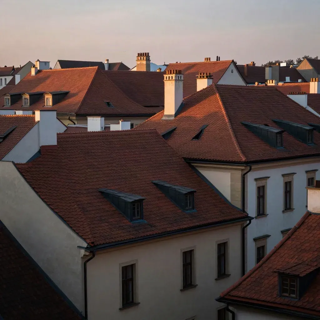 Brněské střechy a limetkové fasády v teplém podvečeru s mlhavým prostorem pro text.